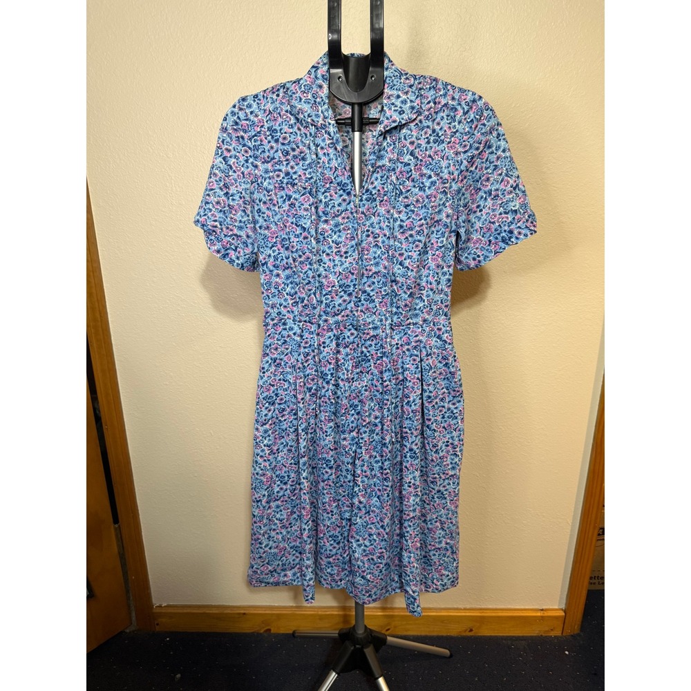 Vintage Shelton Stroller‎ Floral Shirt Dress Blue Pink Zip Front Mid Length 14.5